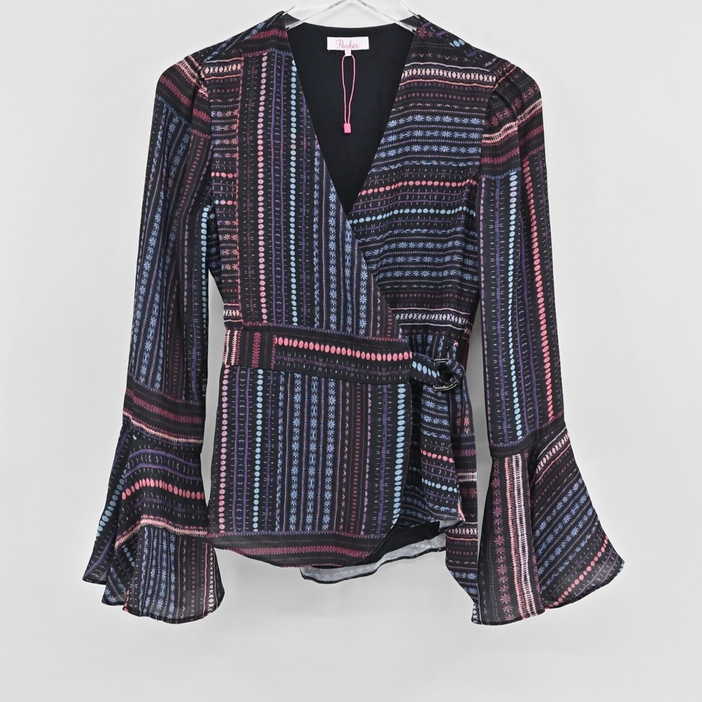 Parker Tolomei Wrap Top‎ Womens XS Black Floral Stripe Bell Sleeve Boho V Neck
